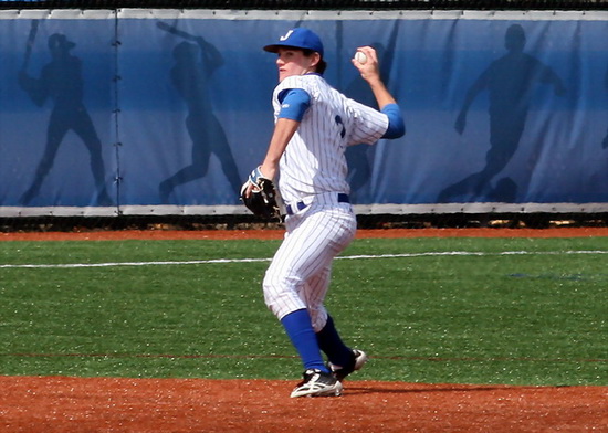 From a game earlier this season, senior shortstop Michael Cusimano (3) prepares to make a long throw to first base for an out. Solid pitching, tenacious defense,and timely offensive play prove to be the perfect recipe for a 4-0 Blue and White weekend at the Jay Patterson Shootout.