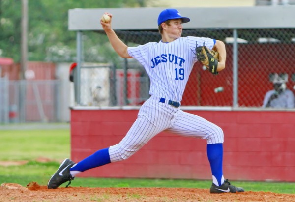 Jesuit junior pitcher Glynn Hyer shows his stuff throwing in relief against the West Jeff Buccaneers on Tuesday afternoon, April 9. 