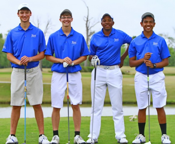 These Blue Jay golfers wait to tee off at Lakewood Golf Club on Tuesday afternoon, April 9 against the Crusaders of Brother Martin. From left are seniors Nick Ingles and  Jack Culotta, junior C. J. Blagrove, and freshman Carlo Carino.
