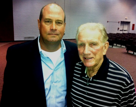 Head football coach Wayde Keiser ’78 recently visited with his former Jesuit coach, Billy Murphy, at a news conference at Pensacola High School where it was announced that the two schools would be renewing their long-dormant rivalry over the next two seasons. 
