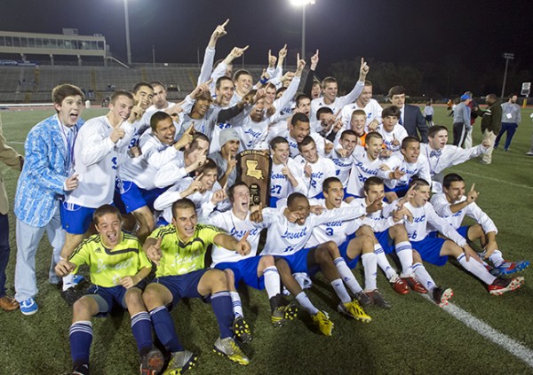 Jesuit players celebrate their 2-1 double-overtime victory over St. Paul's for the Division I soccer state championship Saturday, Feb. 23, 2013, at Tad Gormley Stadium.