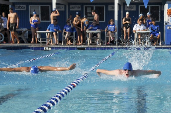 Freshman Patrick Finegan and sophomore Chris Simmons swim the 200 IM with the Varsity Swimming Team on Thursday, October 11 at Franco’s in Mandeville.
