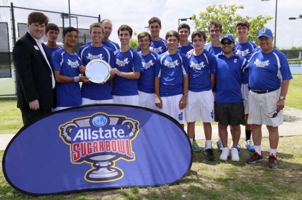 The 2013 tennis team is presented the regional championship plaque  by officials of Allstate Sugarbowl which sponsors the tournament.
