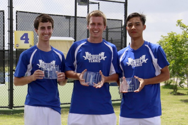 The 2013 Jesuit tennis team qualified for the LHSAA state tennis tournament by  winning the regional championship in New Orleans. Pictured are three seniors who are defending state champions — James Sampognaro, Hobie Hotard, and Trevor Lew.