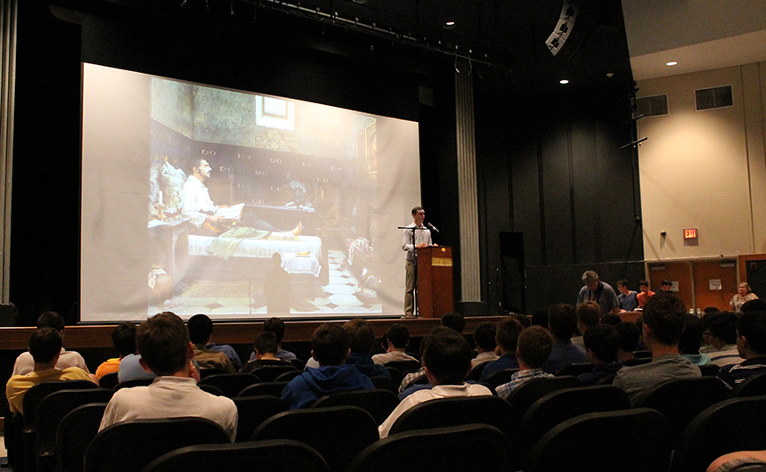 Blue Jays reflect upon the life of St. Ignatius in the Jesuit Auditorium during the 2013 Eighth Grade Night of Reflection.