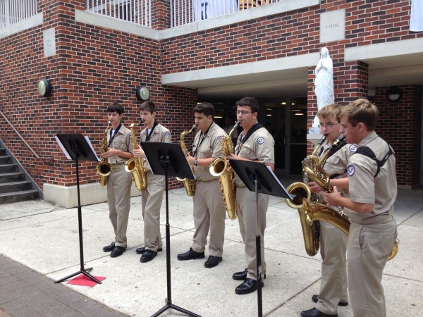 The Jesuit "Low Saxes" play the first brown bag concert of 2013-2104.  Pictured from left to right: Jared Abrams (junior, tenor sax), Kyle Richoux (sophomore, tenor sax), Gui Kirsch (senior, tenor sax), Tristan Killgore (sophomore, baritone sax), Jason Lahatte (junior, baritone sax), and Nicholas Fresneda (sophomore, baritone sax).  Not pictured: Trevor Maggio, freshman, tenor sax).