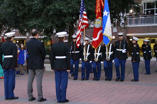 The MCJROTC Color Guard presents the colors at the celebration of the Marine Corps' 238th birthday on Nov. 11 in Traditions Courtyard.