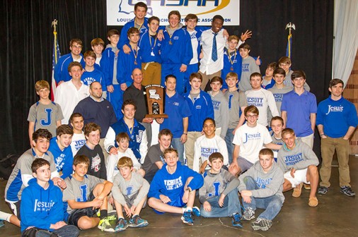 The Jesuit wrestling team won the runner's-up award in Division 1 Saturday, Feb. 22, 2014, during the LHSAA state wrestling tournament at the Pontchartrain Center in Kenner. Brother Martin placed first in Division 1. Photo by Scott Threlkeld