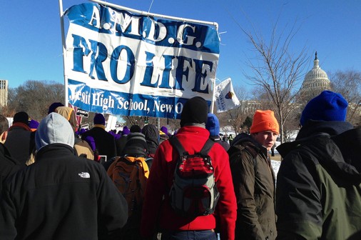 Blue and white banners were raised high in Washington, D.C., last month as members of the Jesuit Pro-Life Club joined hundreds of thousands of others in the 41st annual March forLife. More than 50 members of the Jesuit community, including students, faculty and alumni, weathered the single-digit cold to speak out against abortion on the anniversary of the Supreme Court’s ruling in Roe v. Wade. Staff photo by Jack Caliva