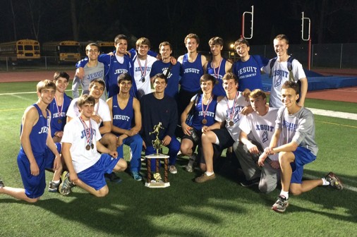 The Blue Jay track and field team poses with their second place Christian Brothers Relays trophy on Saturday, March 15.