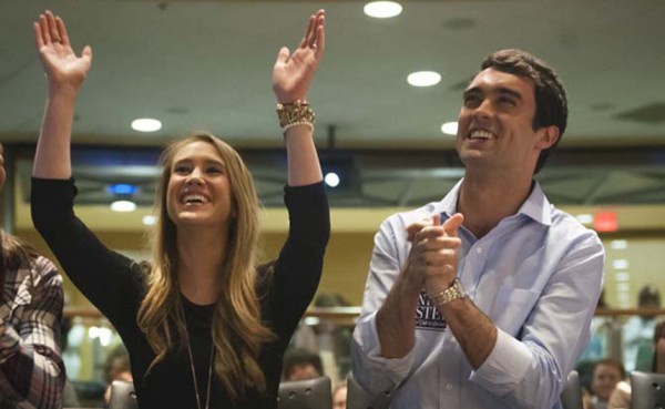 Clay Tufts '11  and vice president Taylor Lambert (left) celebrate during LSU's Student Government election results announcements. (Taylor Balkom; The Daily Reveille | Louisiana State University)
