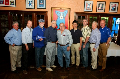Blue Jays gather at the Blue Dog to discuss forming an alumni chapter in the Lafayette area. Pictured from left are alumni director Mat Grau '68, Danny Gillane '83, Gerald Landry '63, Bob Morgan '52, Al "Boo" Trepagnier '52, Gerald Hebert '07, Corey Cloninger '99, Bill Barrois '64, and Tom Bagwill, who serves as Jesuit's director of institutional advancement, 