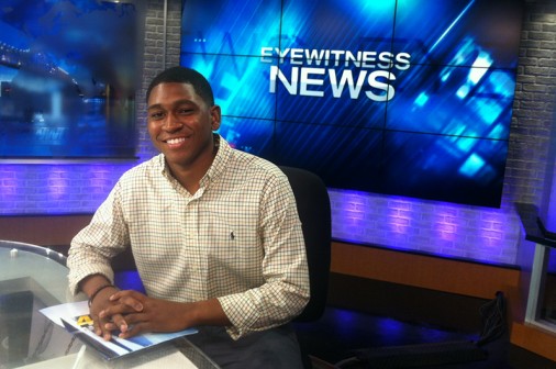 Brandon Myers '14 takes a seat at the WWL-TV news desk while participating in the Career Shadowing Program. Myers shadowed Jesuit alum Dominic Massa '94, an executive producer at WWL-TV.