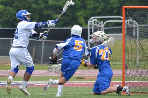 Senior Arman Alizadeh scores one of his four goals against St. Paul's in the 2014 lacrosse state championship game in Lafayette.