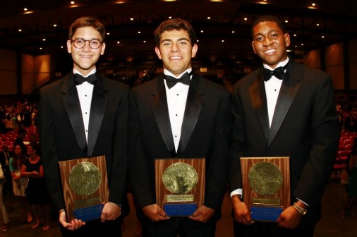 The recipients of three major awards voted on by the faculty of Jesuit were, from left, John A. Guerra, who received the Reverend Father Presidents Spiritual Leadership Award;  Quentin E. Marks, who  received The Julia Ferguson McEnerny Memorial Trophy, Donated by Will Gibbons McEnerny of the Class of 1914; and Brandon D. Myers, who received the Very Reverend Father Pedro Arrupe Award,