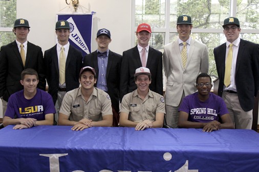 Seated, from left: Evan DeHoog, Nicholas Tadros, Mitch Bourgeois, and C.J. Blagrove. Standing, from left: Spencer Miller, Christian Latino, Colby Simoneaux, Evan Fitzpatrick, C.J. Avrard, and James Licciardi.
