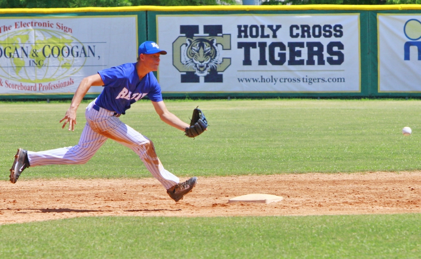 Nick Ray charges a grounder in Retif Oil's 5-3 loss to Peake BMW on Tuesday, July 2. Despite losing the City Series Championship, the top two teams - Peake and Retif - advance to the American Legion's Southeast Tournament, which begins Saturday, July 5 at Kirsch-Rooney Stadium. 