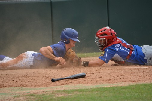 Trent Forshag scores on a close play at the plate in the 7th inning. Forshag had four hits and three RBIs on the day.