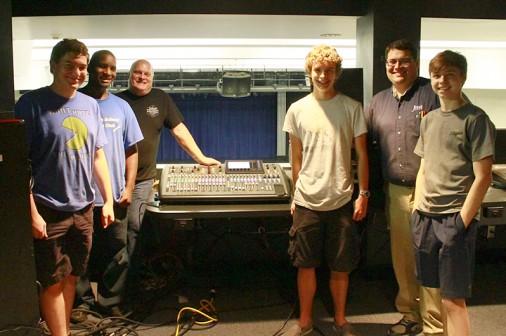 Members of the Philelectic Society paused for a picture while setting up the new sound board for the auditorium. The new digital board replaced the older analog board that had been in use in the auditorium for the last 15 years. The new board will be used by the students to mix sound for various events in the auditorium, including Philelectic Society productions, band concerts, student and parent meetings, and summer rentals. Pictured from left to right are rising freshman Cameron DiMaggio, rising senior Bryan Jones, Mr. Danny “Ace” Ward ’77, rising senior Bailey Graffagnini, Mr. D.J. Galiano ’07, and rising junior Zachary Huck.