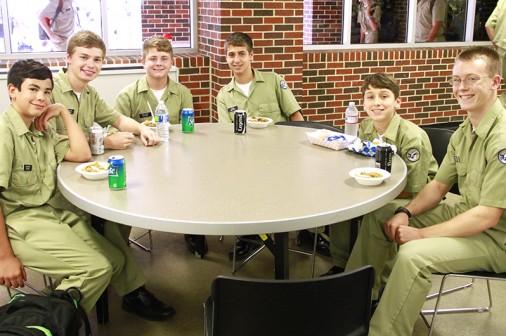Blue Jay Big and Little Brothers enjoy the Welcome Week Jambalaya Lunch, courtest of the Jesuit Alumni Association. From left, Eduardo Seoane and his Big Brother Chalon Fogarty, Matthew Sauviac and his Big Brother Cole Guillory, and Cooper Ray and his Big Brother Patrick LaCour.