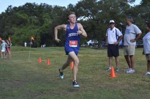 John Nimmo sprints down the stretch to a 6th-place finish at the Country Day Cajun Classic cross country meet.