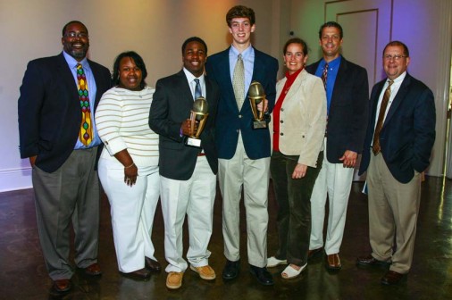 The Jacksons: Gerald, Tina, and Charles; the LaForges: Trey, Bridget, and Carl; and head coach Mark Songy at the 2014 GNO QB Club Awards Luncheon on Monday, Dec. 15, 2014.