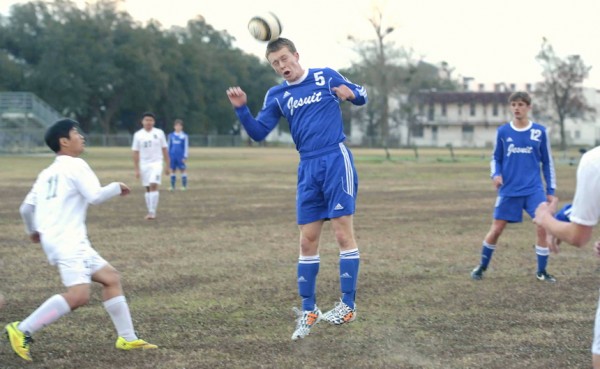 Patrick LaCour, shown here in a match earlier this season, scored the winning goal in the last minute of the Jays' match against the Cubs of University High (B.R.).