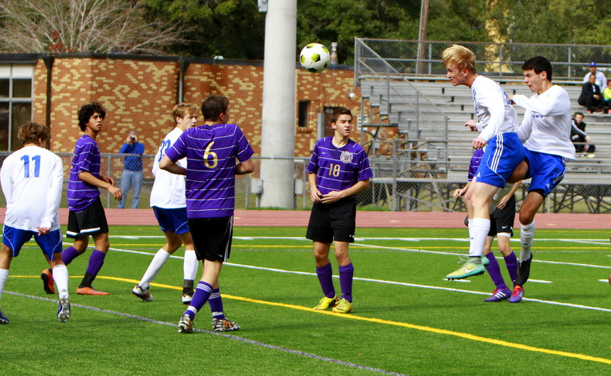 Junior Dillon Fuchs scores Jesuit's second goal of the match on this header off a corner kick.