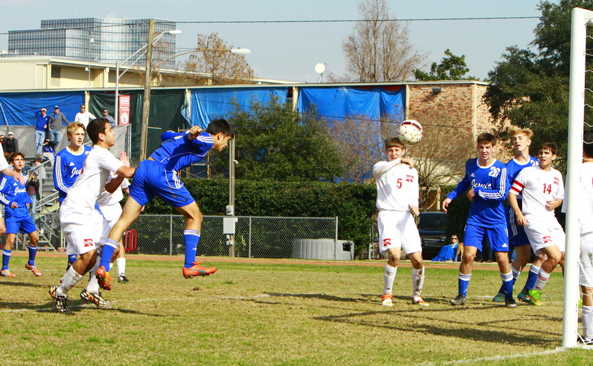 Chase Rushing is positioned perfectly to head in the Jays' lone goal Saturday against Rummel. The Jays won, 1-0.