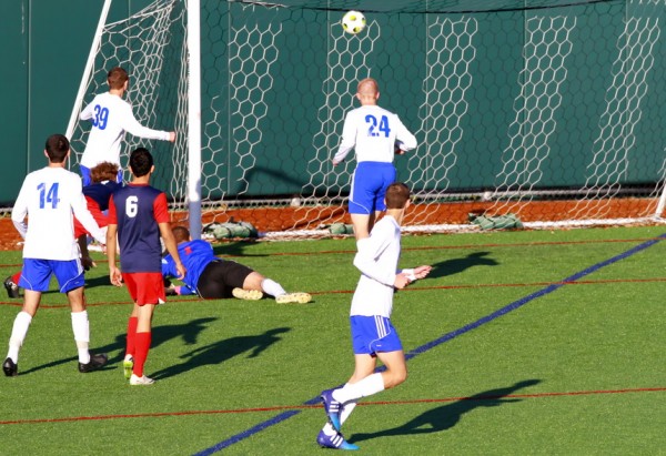 Jesuit's Chris Pitre (39) knocks a loose ball into the back of the net to open a 1-0 lead in the 29th minute of the Jays' bi-district playoff match Friday against John Ehret at John Ryan Stadium.