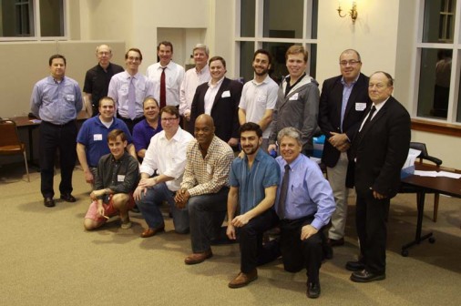 Seventeen of the 150 plus alumni who are returning to Carrollton & Banks to connect with their classmates to provide the resources necessary for Jesuit to fulfill its mission of developing men of faith and men for others. Standing from left are Rene Alvarez '83, president Fr. Anthony McGinn, S.J. '66, first-time caller Dean Roy '00, Brian North '83, Rob Munch '82, Ryan Waldron '01, Danny Bourgeois '01, Adam Laurie '08, 2014 LEF chairman Lyon "Snapper" Garrison '81, and special projects director Br. Billy Dardis, S.J. '58. Kneeling from left are Ryan McCal l'05, Todd Hack '05, 2015 LEF chairman Mike Varisco '83, LEF chairman-on-hold (2016) Marc Bonifacic '92, first-time caller and Jesuit football coach Benny Baptiste '81, John-Michael Early '05, and alumni director Mat Grau '68.