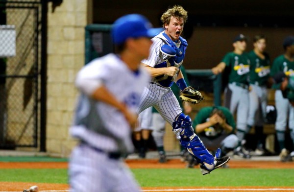 Shag reacts to the play at home plate that finishes the Eagles and preserves a 4-3 win for Jesuit.