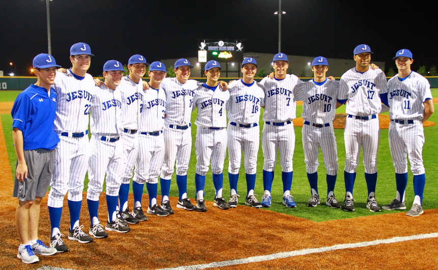 Senior Day took place at the Jesuit – John Ehret game on Saturday, April 18 at John Ryan Stadium. Blue Jay seniors were honored and, along with their parents, introduced following Jesuit’s 7-1 win. The Class of 2015 seniors on Jesuit’s varsity team are, from left: Chris Calderera (manager), David Boh (pitcher), Blake Eichorn (pitcher), Harrison Daste (center field), Trent Forshag (catcher), Dan Edmund (first base), Alex Galy (shortstop), Logan Hornung (pitcher), Scott Crabtree (left field), Ben Hess (right field), Myles Blunt (pitcher), and Jack Burk (pitcher).