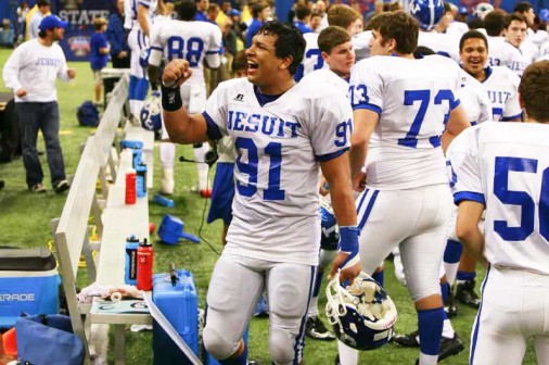 Torres celebrates the state championship win over John Curtis.