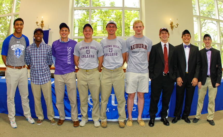 NCAA Collegiate Signing Day took place on Wednesday, May 6 across the country. Nine senior Blue Jay athletes were joined by family, friends, and teammates in St. Ignatius Hall as they officially committed to continuing their athletic and academic careers at six universities. From left are Myles Blunt, Malcolm Ben, Alex DePascual, Otto Candies, Jack LaForge, Chris Simmons, Cameron Guernsey, Garrett Perez, and Jerry Spencer.