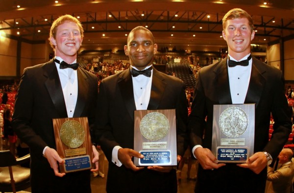 The recipients of three major awards voted on by the faculty of Jesuit were, from left, Dillon Knight, who received the Reverend Father President’s Spiritual Leadership Award; Bryan Jones, who received the Very Reverend Father Pedro Arrupe Award; and Michael McMahon, who received The Julia Ferguson McEnerny Memorial Trophy, Donated by Will Gibbons McEnerny of the Class of 1914.