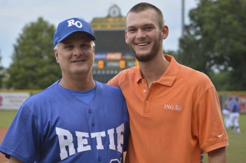 Coach Joey Latino welcomes former Blue Jay Kyle Keller '11. Keller, fresh off his selection by the Miami Marlins in the Major League Baseball draft, was on hand to support Retif on Wednesday night.