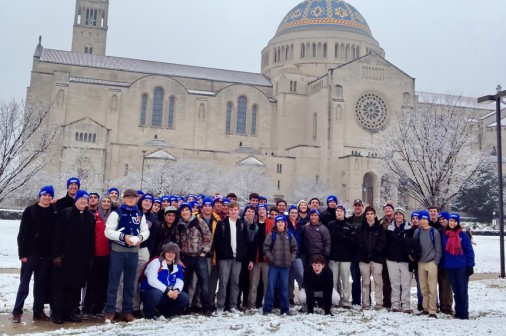 Mrs. Susan de BoisBlanc (standing, far right with red scarf) accompanied Jesuit's Pro-Life Club on their annual trek to Washington, D.C. in January. 