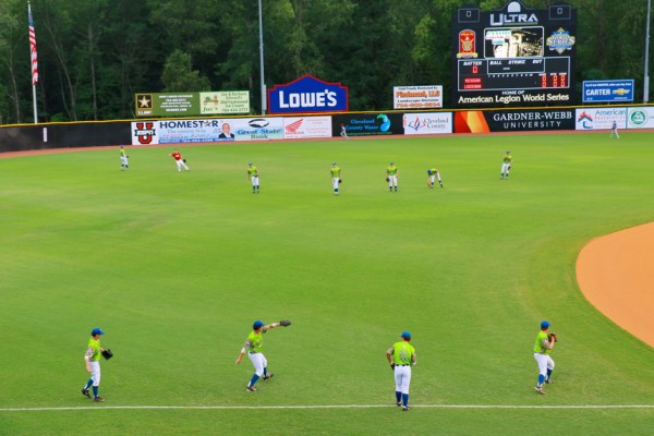 The Retif Oilers warm up prior to the start of their Sunday evening game at Keeter Stadium in Shelby, NC. The teams were issued special jerseys for Military Appreciation Day.