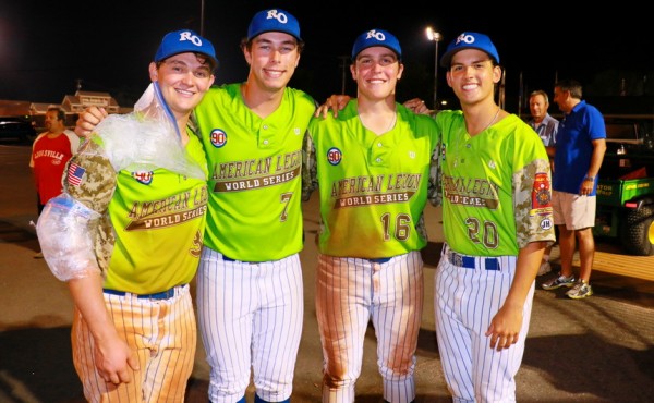 Steadfast friends, teammates, and classmates, these four Oilers of the Class of 2015 are having the time of their lives playing baseball. From left are catcher Trent Forshag (with his throwing arm iced), left fielder Scott Crabtree, first baseman Dan Edmund, and shortstop Alex Galy.