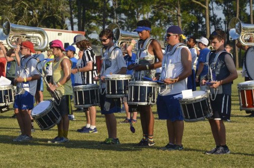 At Band Camp on the campus of Nicholls State University in Thibodaux, members of the 2015 Blue Jay Band drum line prepare for a halftime show that will rock fans during the upcoming football season.