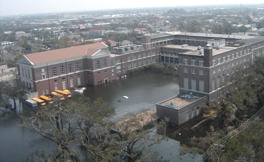 The view from a helicopter passing over Mid-City when Katrina's flood waters were just starting to recede. 