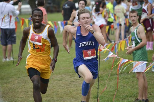 Senior John Nimmo sprints to the finish line at the Country Day Cajun Classic on Saturday, Oct. 10.