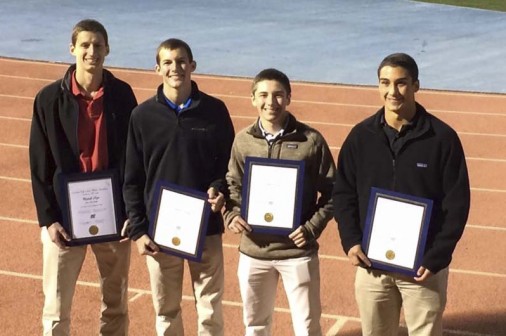 Seniors Patrick Rye, Conner Maheu, Edwin Grant Laizer, and Cole Retif are honored for their academic excellence at the LHSAA state soccer championships (photo courtesy Rhonda Laizer).