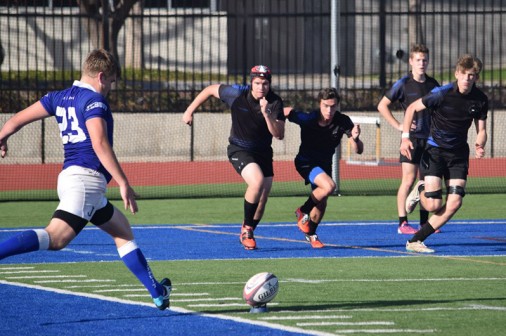 Senior Scott Derbes kicking the winning conversion in the Jays 12-11 win over Katy at the Jesuit Dallas Rugby Showdown on March 5-6.