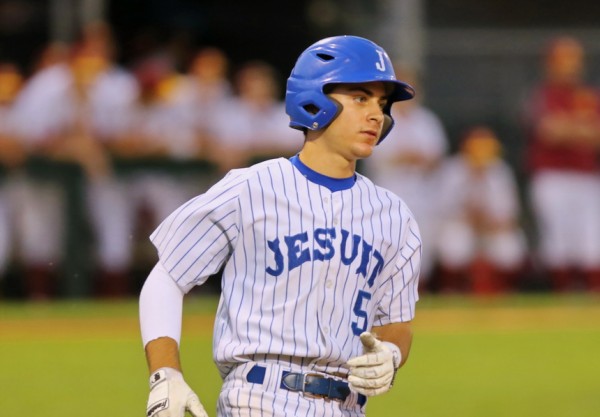 Brandon Briuglio singles in the third inning for Jesuit's fourth hit. He was left stranded, as were four other Blue Jay base runners.