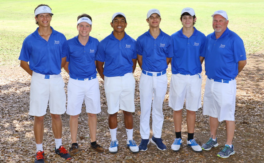 The Blue Jay golf team brought home a district championship, the school's 20th since 1990, when they shot a combined 311 on the Oak Course at Beau Chene Country Club on Monday, April 18. The Jays next week play for regional honors at Carter Plantation near Hammond. From left are senior Grant Glorioso, junior Nolan Lambert, senior Carlo Carino, sophomore Grayson Glorioso, freshman Britton Khalaf, and Coach Owen Seiler '75.