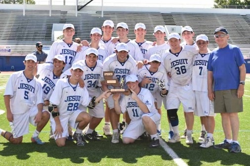 Senior members of the 2016 state championship lacrosse team. Kneeling from left are Dominic Sunseri (5),  Jeremy Scheffler (28), and Josh Cvitanovich. Behind them are Spencer Lemoine (19), Alex Vargas (34), Paul Gelpi (37), David Zazulak (12), Sammy Martin (36), Rob Hinyub (7), and Bill Hidalgo. In the back row are Thomas Cassagne (17), Max Murret, Gray Cressy, Kyle Westholz, Kent Flower, Taylor Anderson, and Connor Martinez.