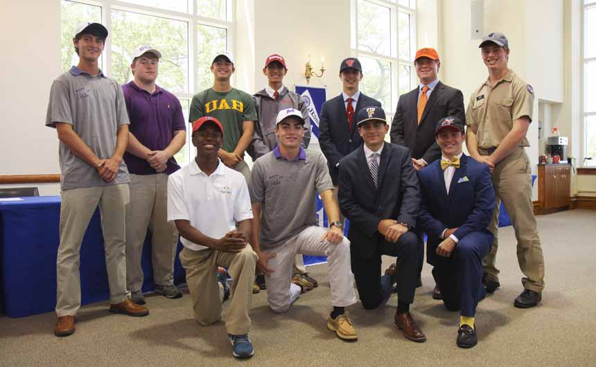 May 2016 signees from back left are: Jacob Niehaus (tennis) John Sewell (football) Chase Rushing (soccer), José Aleman (soccer), Max Murret (lacrosse), Sammy Martin (lacrosse),and  Peter Hontas (football). Kneeling from left are Charles Rice (soccer), Brandon Beck (tennis), Brandon Briuglio (baseball), and Rob Hinyub (lacrosse).
