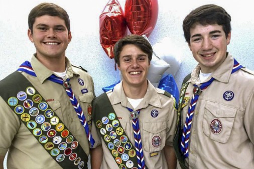 Rising seniors (from left) Jarod Larriviere and Daniel Leithman and Thomas Hellmers '16 recently earned the rank of Eagle Scout, the highest advancement rank in the Boy Scouts of America. Photo courtesy of Jerry Larriviere.